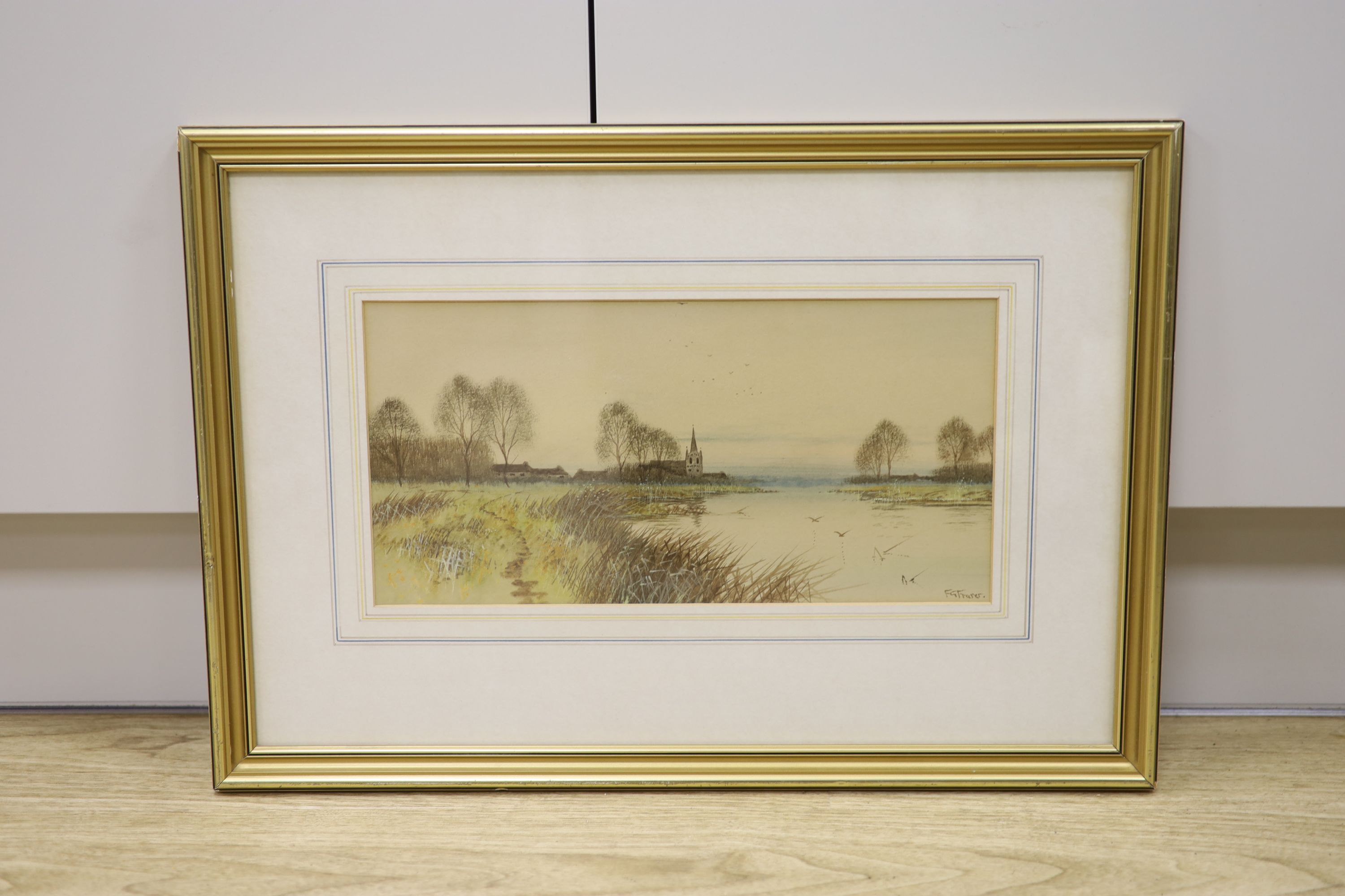 Francis Gordon Fraser (1879-1940), watercolour, Church, Hemmingford Abbot, signed, 18 x 35cm